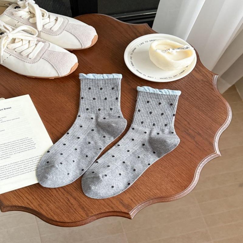 Versatile Polka Dot Mid-Calf Socks for Women - Gentle Lace Mesh, Retro Style One Size