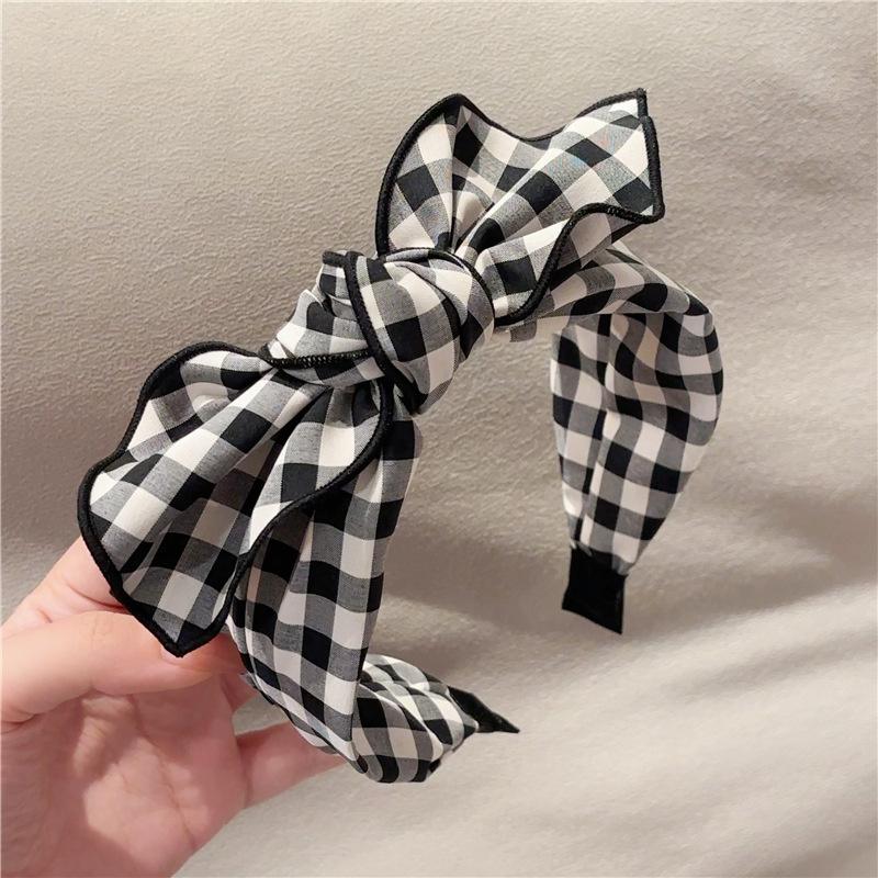 Women's White Black Plaid Headband with Center Bow Knot for Lady Girls Daily Casual Hair Hoop Accessories