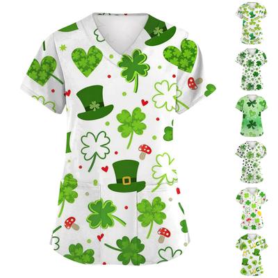Damenmode Kurzarm Ärmel St. St. Patrick's Day Print V-Ausschnitt Tasche Workwear Oberteil