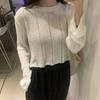 Chic Thin Knit Top Women's Autumn Versatile Crew Neck Loose Hollow Out Short Long Sleeve Pullover