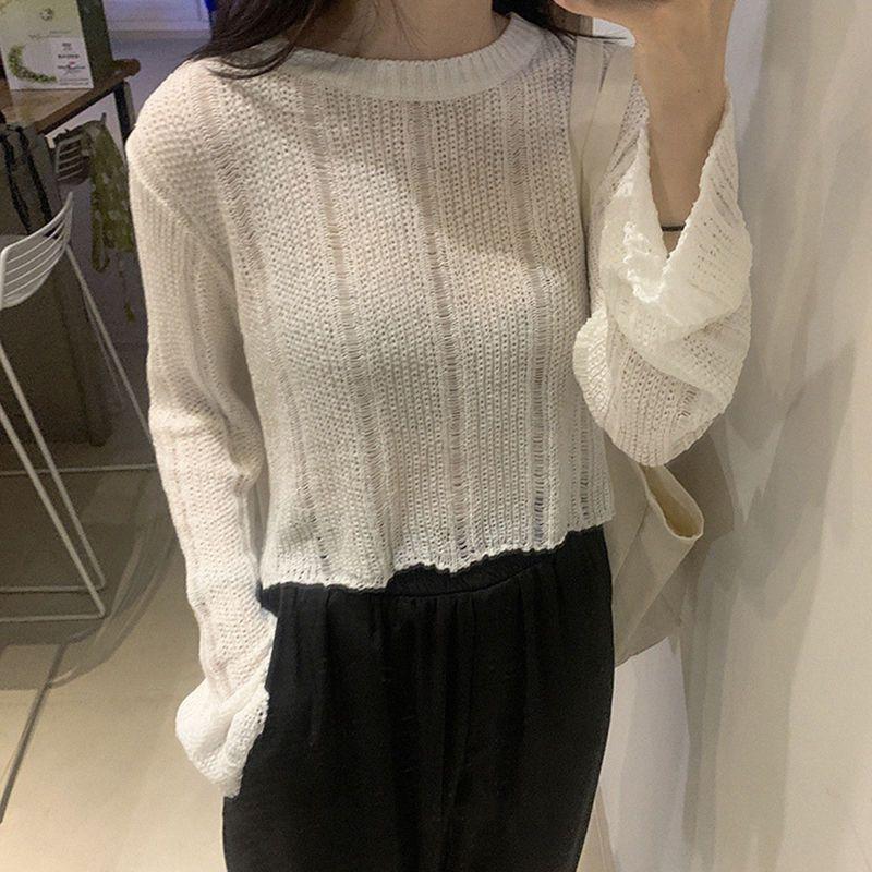 Chic Thin Knit Top Women's Autumn Versatile Crew Neck Loose Hollow Out Short Long Sleeve Pullover