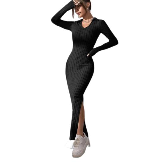 Rochie de primăvară de toamnă pentru femei, cu decolteu în V, cu tiv cu tăietură, cu mâneci lungi, până la gleznă, tricotată, elastică, rochie de petrecere pentru cumpărături