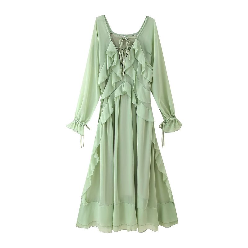 

Kaslead New Women clothes Western Style Fashion Lace-up Laminated Frill Decoration Long sleeve dress Green L