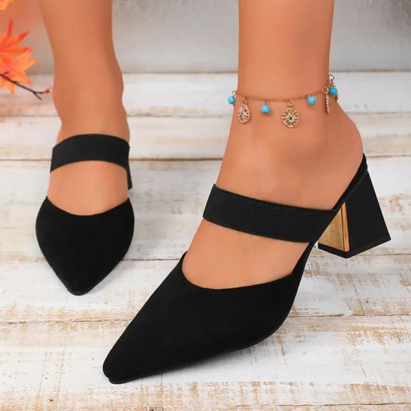 Fashion Women's Velvet Pointed Toe Slippers Summer New Fashion Thick Heel Comfortable High Heel Lazy Slip-On Slippers