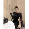 Retro Sexy Royal Sister Black Temperament Mesh Knitted Dress Women's Autumn Waist and Thin Long-sleeved Hip-wrapped Dress