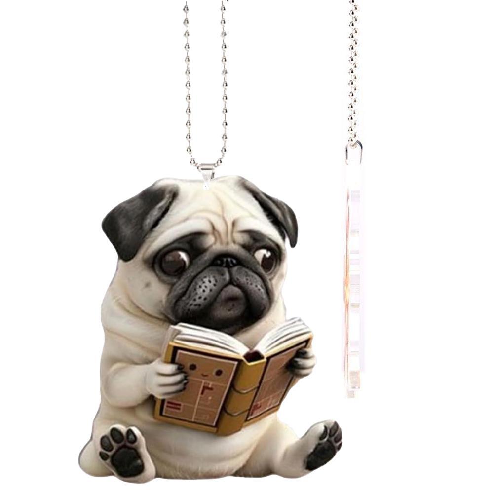 Adorable Pug Acrylic Car Rearview Mirror Accessories 2D Cute Puppy Pendant Ornaments Keychain Charms For Car Backpacks Decor