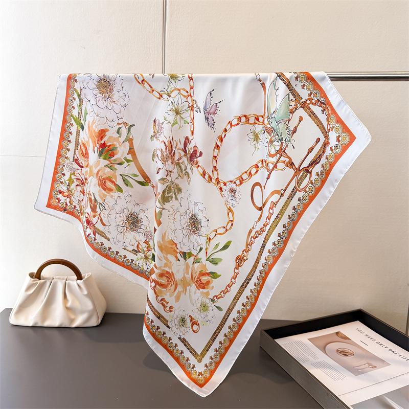 Summer Sunscreen Flowers Print 70Cm Square Beach Silk Scarf Casual Women Headband Bandana Hair Scarves Shawl Bag Handle Ribbon
