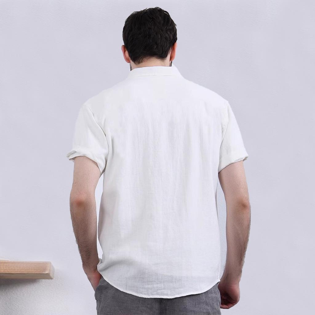 Men's Short-Sleeved Cotton Linen Shirts Summer Breathable Solid Color Casual Beach Style Plus Size Tops