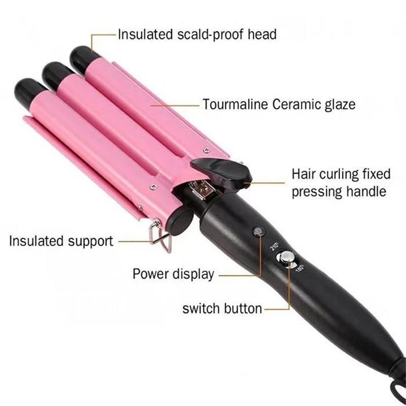 Custom Logo Electric Wholesale Home Use Magic Hair Curler 3-in-1 Triple Deep Waver Iron PTC Ceramic 3-Barrel Hair Waver LCD