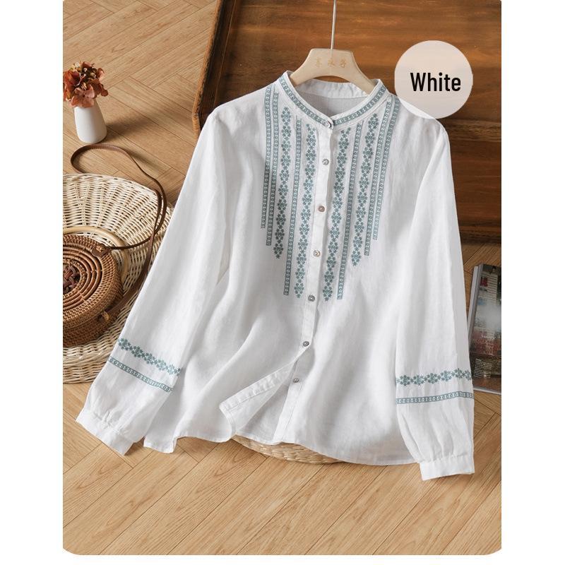 2026 Spring/Autumn Women's Retro Embroidered Cotton Linen Long-Sleeve Shirt