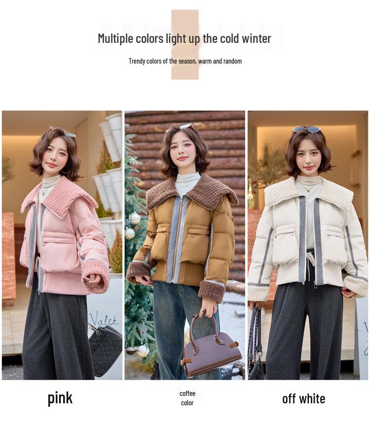 YJ6838 Women's Winter Down Jacket: Versatile Spliced Denim Lapel with Particle Fleece and 90% White Duck Down
