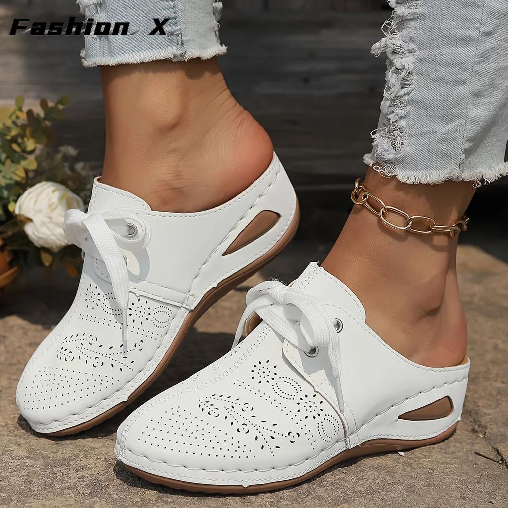 New Women's Wedge Heel Half Slippers Lace Up Pattern Hollow Headed Women's Slippers 43 Size Women's Shoes  Summer New Sandals