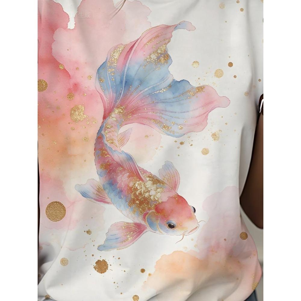 Pink gold gradient goldfish round neck T-shirt women's size loose fit casual trend