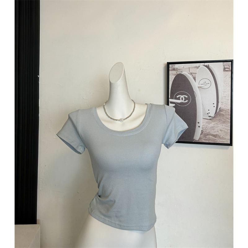 Solid Color Short-sleeved T-shirt for Women In Summer New Low Round Neck Slim Shoulder Slim Collarbone 260g Top New Style