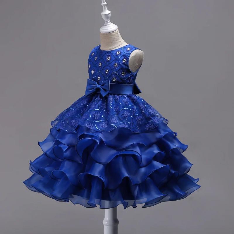 Vestito Principessa da Bambina Elegante con Ricami Floreali Fiocco Senza Maniche Strati di Rete