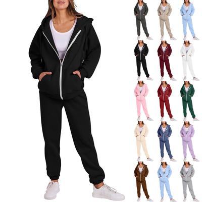 Kadın Modası Kapşonlu Uzun Kollu Düz Renk Fermuarlı Elastik Bel Bol Sweatshirt Takımı