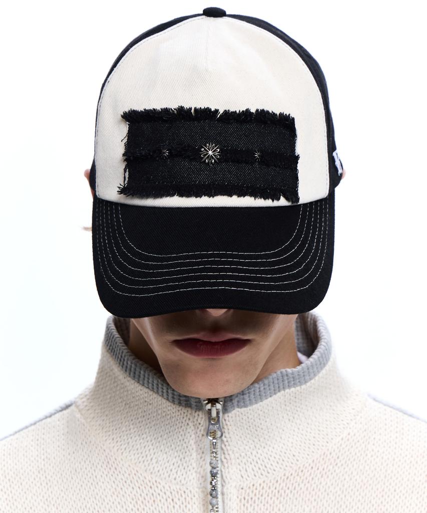 Aleseueseussi Denim Patched Rivet Ball Cap - Black/Ivory