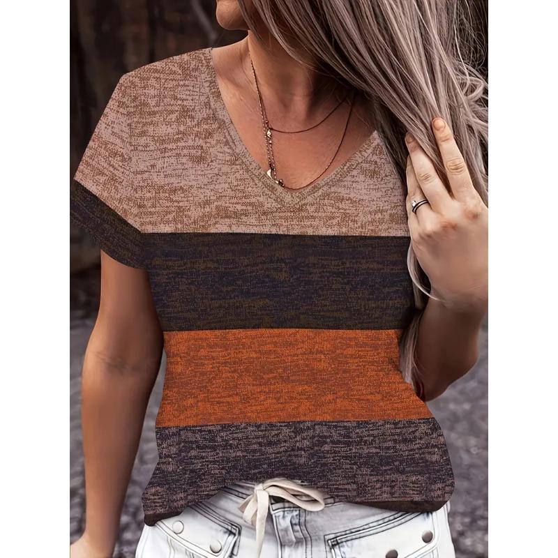 Tricou cu dungi pentru femei, de vară, de exterior, la modă, cu mânecă scurtă, cu gât în V, mărime mare, larg, îmbrăcăminte versatilă pentru femei