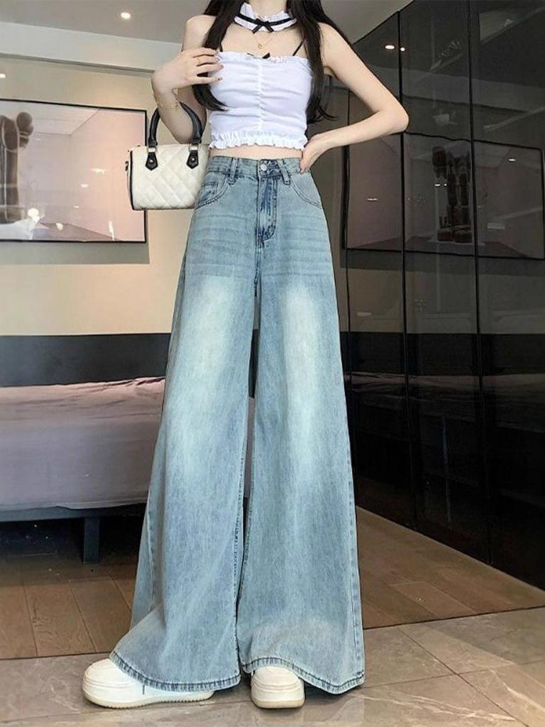 Women's Summer 2025 High-Waisted Wide-Leg Jeans, Floor-Length, Plus Size, Lightweight, Slimming Drape.