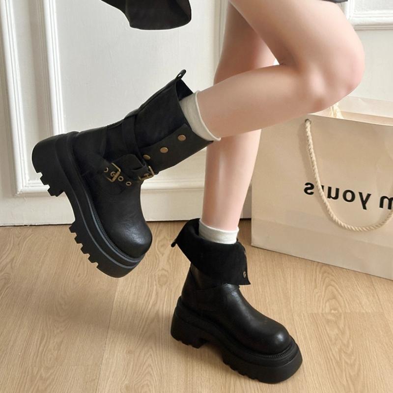 Autumn Winter Platform Thick Sole Women Ankle Boots Design Belt Buckle Punk Style Leather Modern Short Bottes Femmes