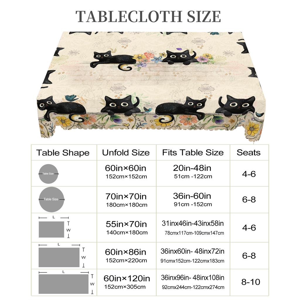 1 Piece Spring Round And Rectangular Tablecloth, Available In Various Sizes, Decorative Tablecloth With Elegant Cat Print Pattern Design, Courtyard Ta