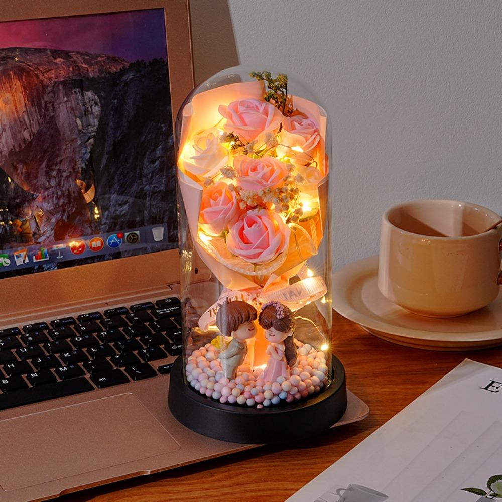 Colorful Eternal Rose Flower Lover Figurines Transparent Cover Rose Bouquet Ornament Living Room Decor Real Touch Flower