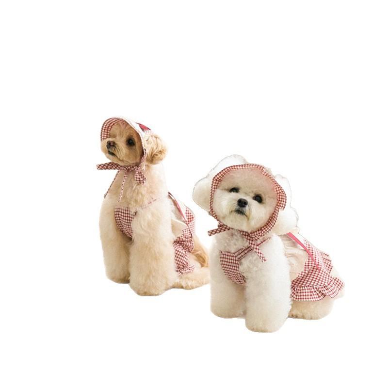Pet Dog Cat Princess Dress With Hat Lace Bow Plaid Skirt Small Pets