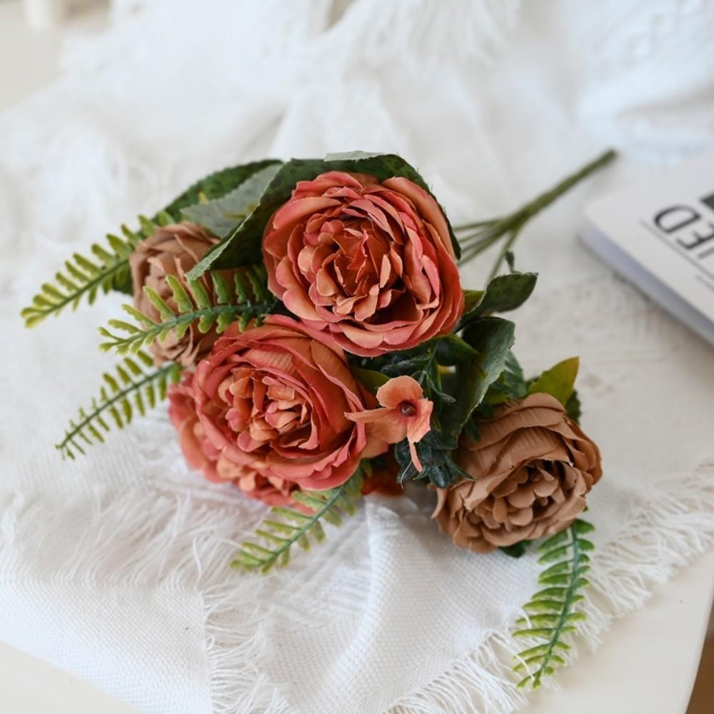 

5-Head Artificial Peony Flower Arrangement Table Decoration Simulation Flowers Bouquet DIY Fake Peony Silk Flower оранжевый
