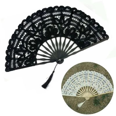 1Pc 27cm Portable Folding Fan Vintage Wood Lace Fan with Tassel Hollow Ribs Dance Performance Party Photo Props for Wedding