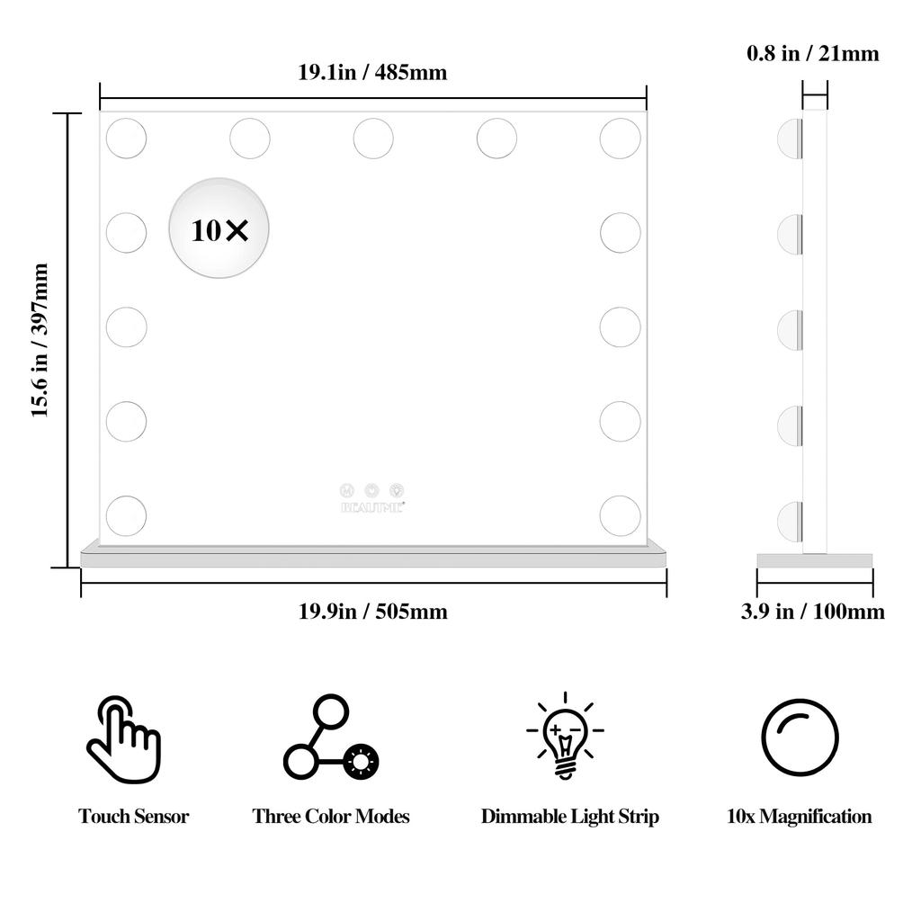 BEAUTME Actress Large Tabletop Hollywood with 13 10x Mountable Mirror, Mirror, Style, LEDs, Three-Color Dimming, Magnification, Tabletop/Wall
