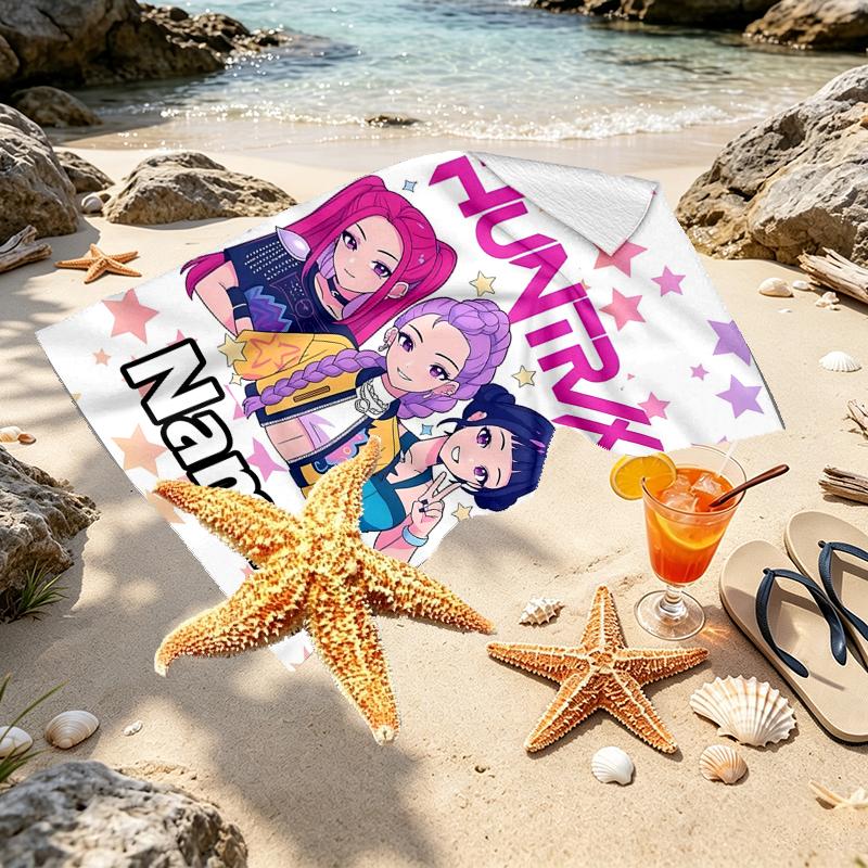 Custom Name Personalized KPop Demon Hunters Print Beach Towel, for Trip Camping Beach Party Home Decor, Birthday Gift for Family & Friends