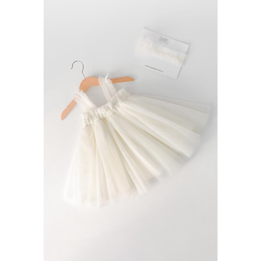 Chlapečkové saténové šaty z plutizovaného tylu se saténovou podšívkou a nastavitelným popruhem (ecru)