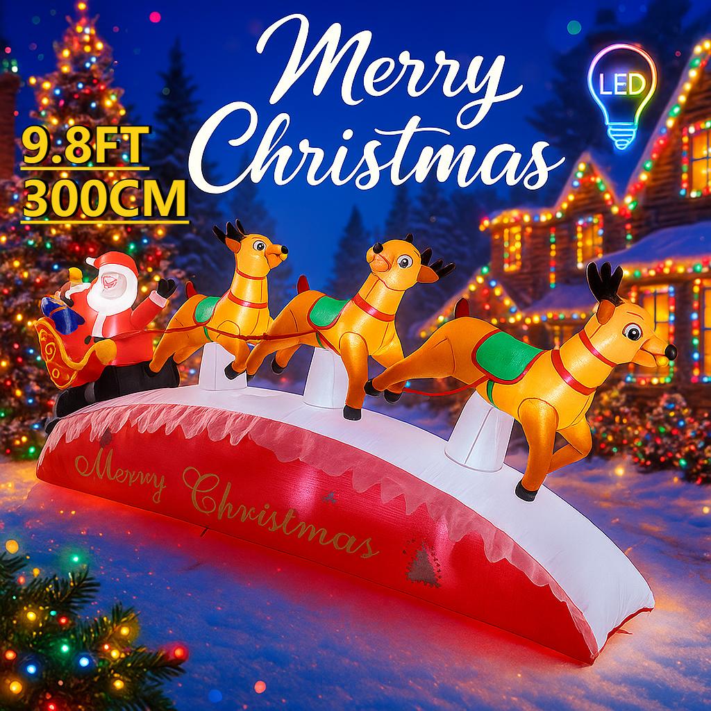 

9.84FT Christmas Inflatable Toys LED Lit Santa Sleigh Reindeer Supplies Home Decor Ornament Festive Gift Xmas Yard Decoration EU