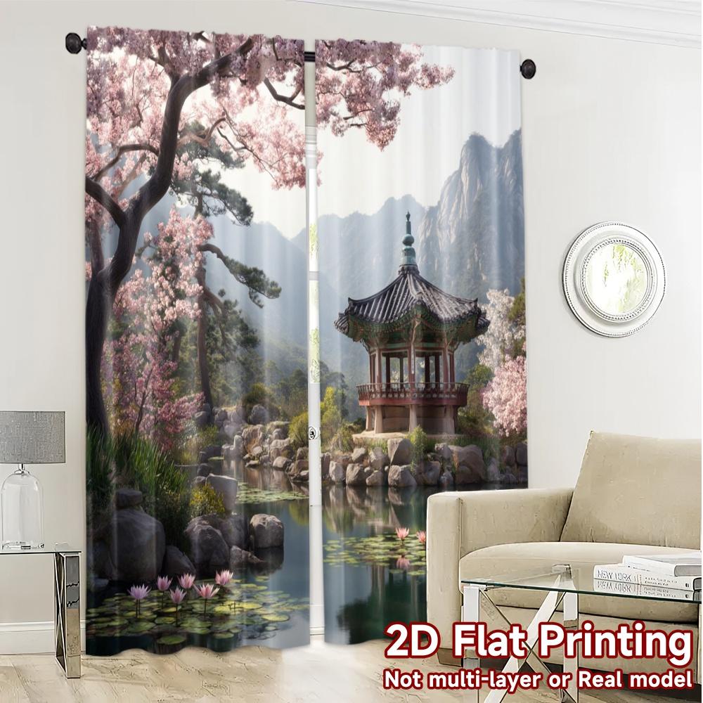 2pcs   2D FLAT PRINTING Curtains (Without Rod) Serene Pavilion Light Filtering Chic Curtains Versatile Fabric Curtains Versatile