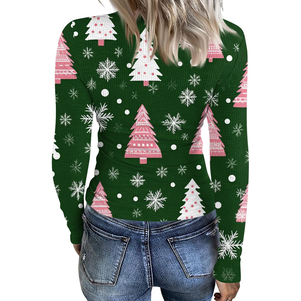 Women's Fashion Slim-Fit Round Neck Base Layer T-Shirt Christmas Print Long-Sleeved Top