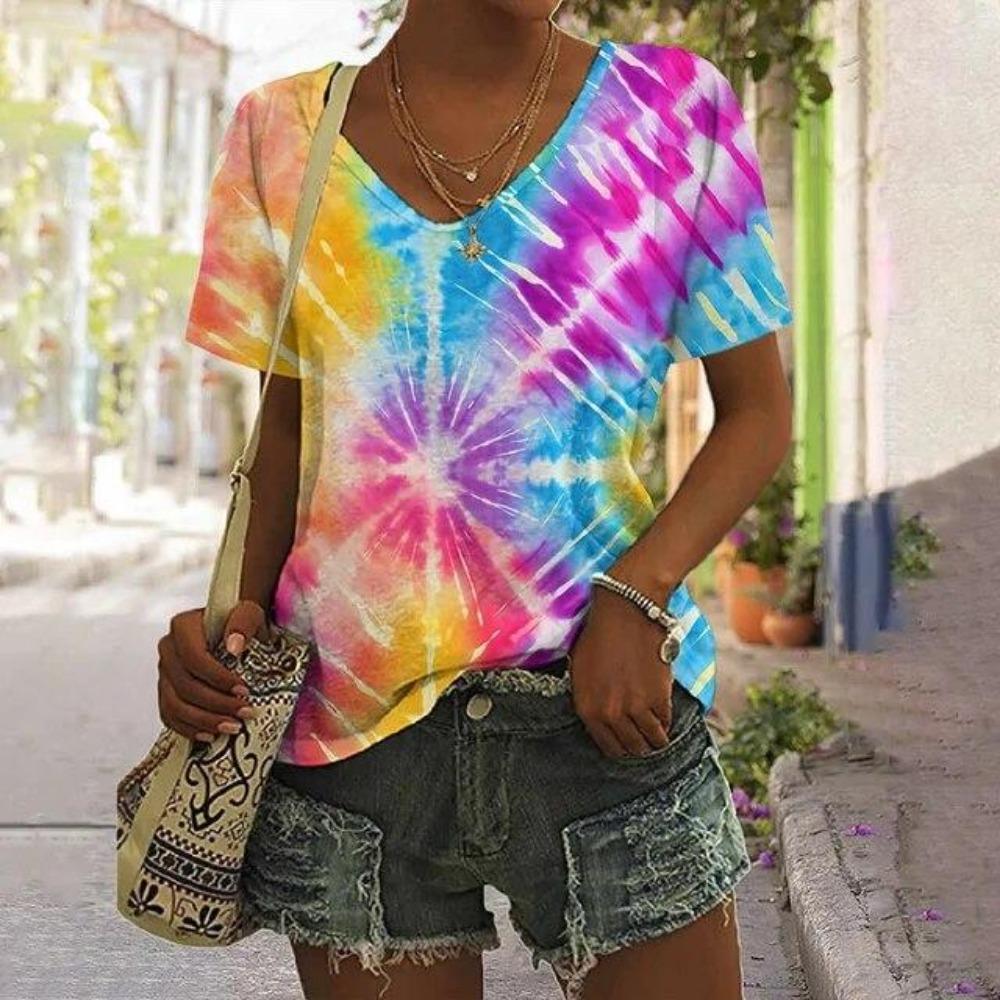Camisetas Vintage Tie Dye de Verano Estampado 3D Moda Mujer Cuello en V Manga Corta Camiseta Y2K Camisetas Casuales Harajuku Tops Ropa Femenina