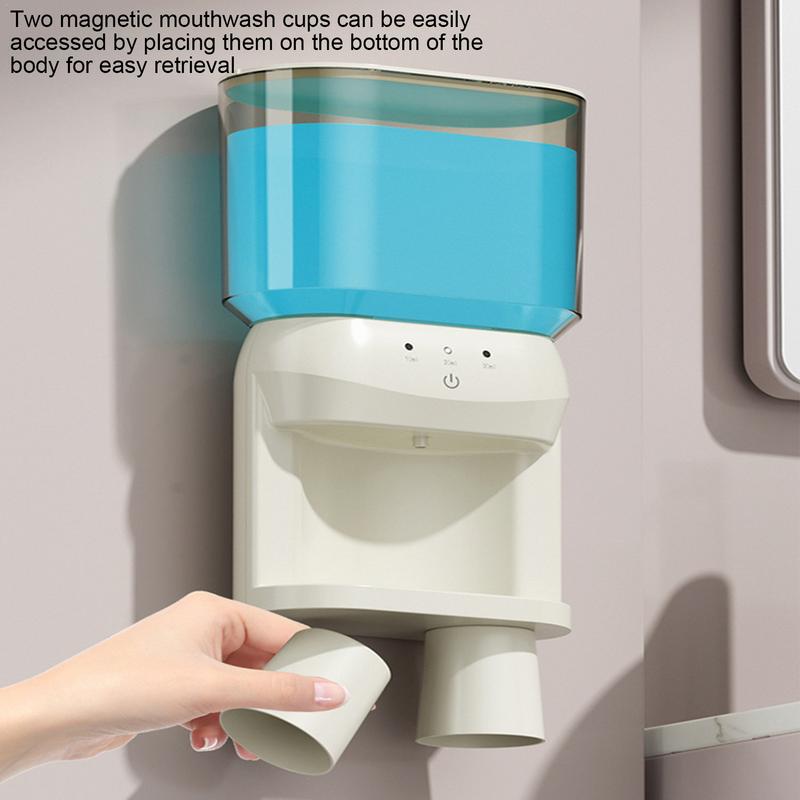 Smart Mouthwash Dispenser 600ml Wall-Mounted Mouthwash Container Rechargeable Bathroom Mouthwash Dispenser with 2 Magnetic Cups