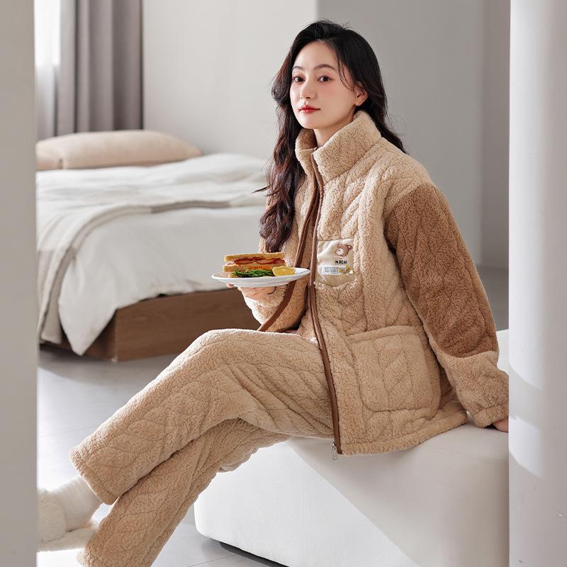 Winter Coral Fleece Padded Pajamas Women'S Three-Layer Fleece Thickened Padded Jacket To Keep Warm Winter Flannel Loungewear Set
