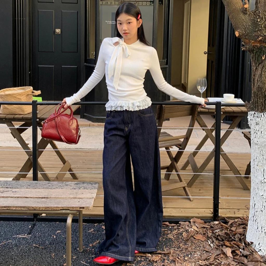 2KWEIRD Fairycore T-shirt Woman Long Sleeve Lace Up Bow Tees Female Clothing 2000s Clothes Y2k Solid Autumn Tops Casual T Shirt