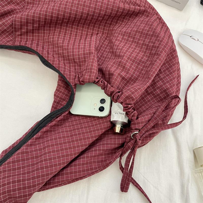 Retro Plaid Hobos Messenger Bags For Women Drawstring Pocket Nylon Dumpling Bag Large Capacity Portable Travel Shoulder Bags