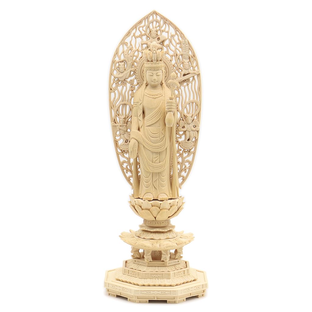 

special Buddhist statue Kannon Bodhisattva standing statue inches height width 10 depth 10 carved cypress wood Flying celestial halo Octagonal base
