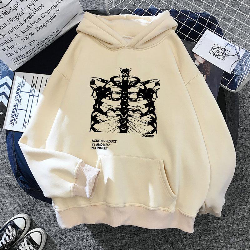 Hoodie Pocket Long Sleeve Streetwear Black Tops Skeleton Print Grunge Gothic Oversized Men Women Hoodie Streetwear Women's Men's Sweatshirt