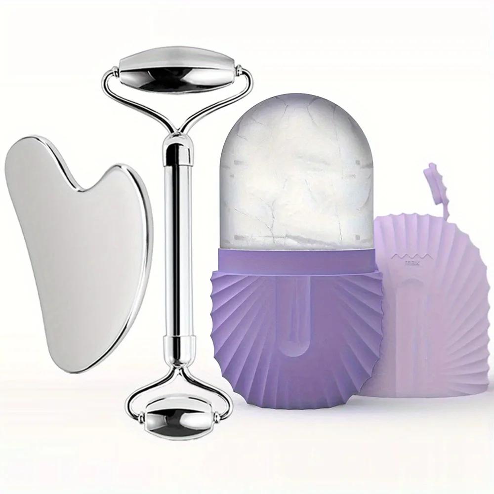 3in1 Stainless Steel Ice Face Roller & Gua Sha Facial Skincare Tool Kit Face Lifting Facial Treatment Reduce Acne Skin Care Tool