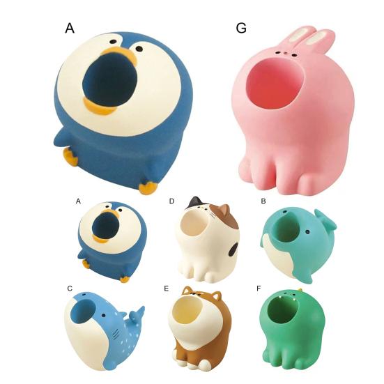 Cute Animal Pen Holder Mini Dinosaur Dolphin Shark Penguin Cat Dog Rabbit Shape Portable Resin Pencil Rest Organizer Stand Desktop Ornament Student