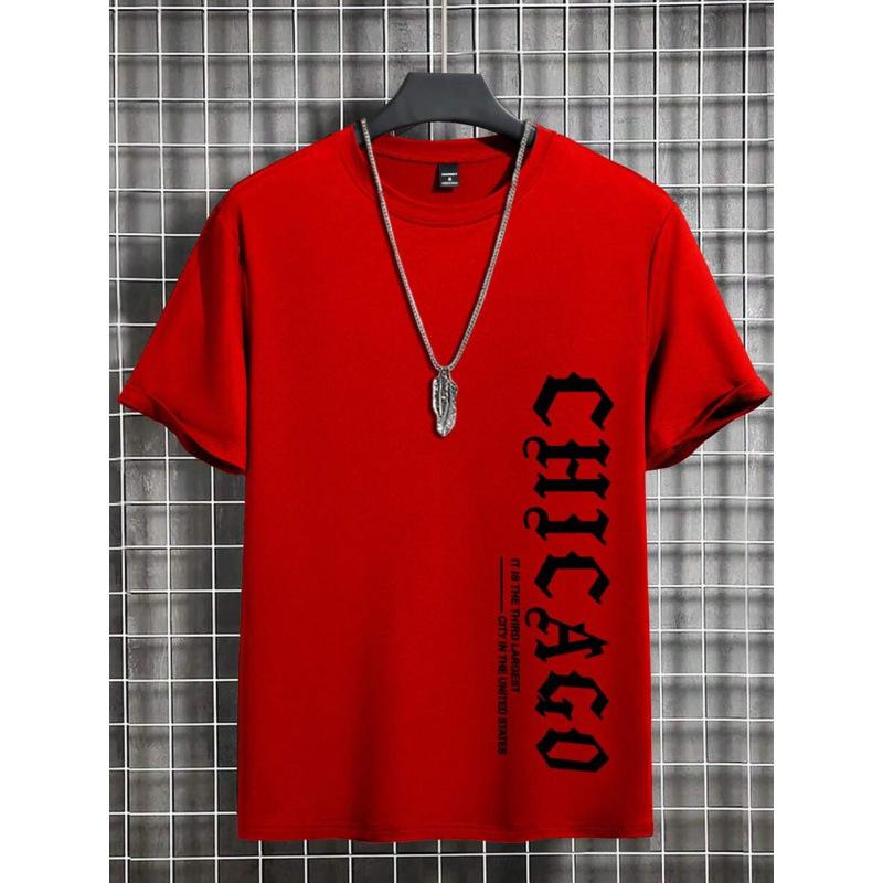 Men's Summer Casual T-Shirt Vertical Chicago Text Print Short Sleeve Streetwear