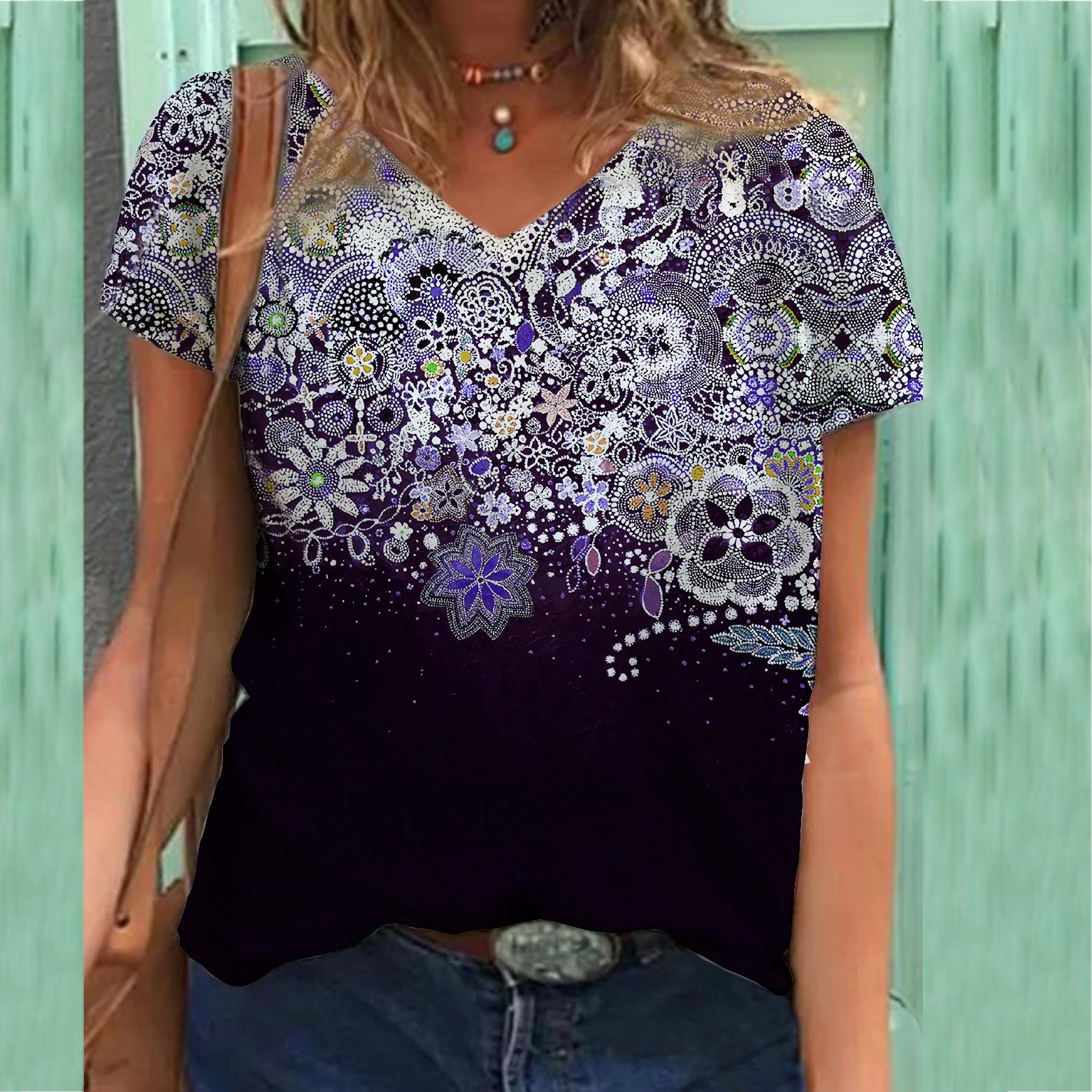 

Футболка с цветочным принтом 3D Футболка с V-образным вырезом и короткими рукавами с 3D принтом для женщин 5XL