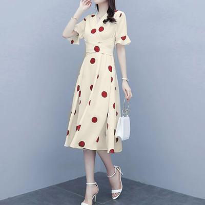 V-Neck Ruffle Short Sleeve Women Dress Waist Lace-up High-waist Large Hem Summer Big Dot Print Midi Dress Female Clothing
