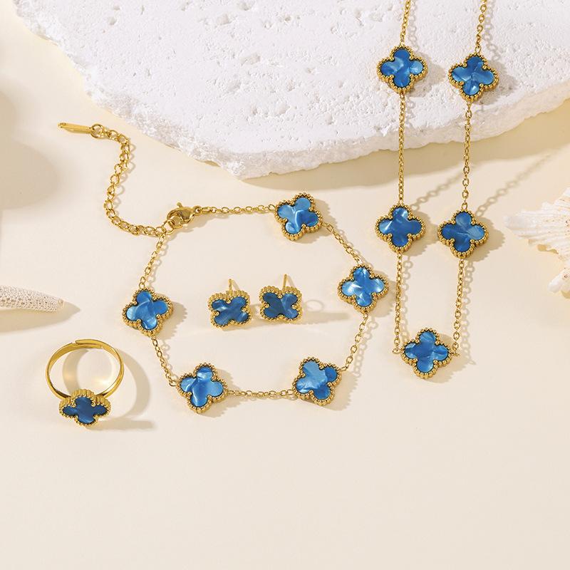 4pcs Four-Leaf Clover Four-Piece Set Including Necklace, Bracelet, Earrings and Ring, Versatile Lucky Five-Petal Fashion Jewelry