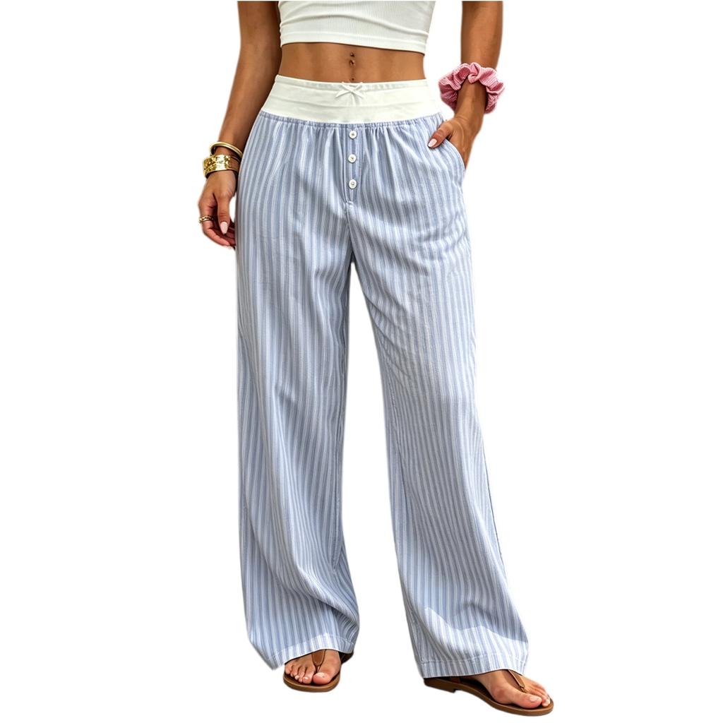 Ladies' Fashionable Casual Striped Wide Leg Pants