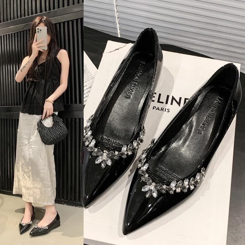 French temperament pointed patent leather rhinestone single shoes women's summer flat-soled shoes inner height increase gentle shallow mouth soft sole